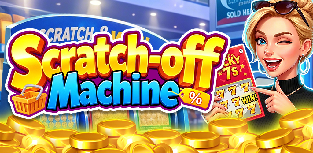 Scratch-off machine game banner with scratch card, character, and golden coins